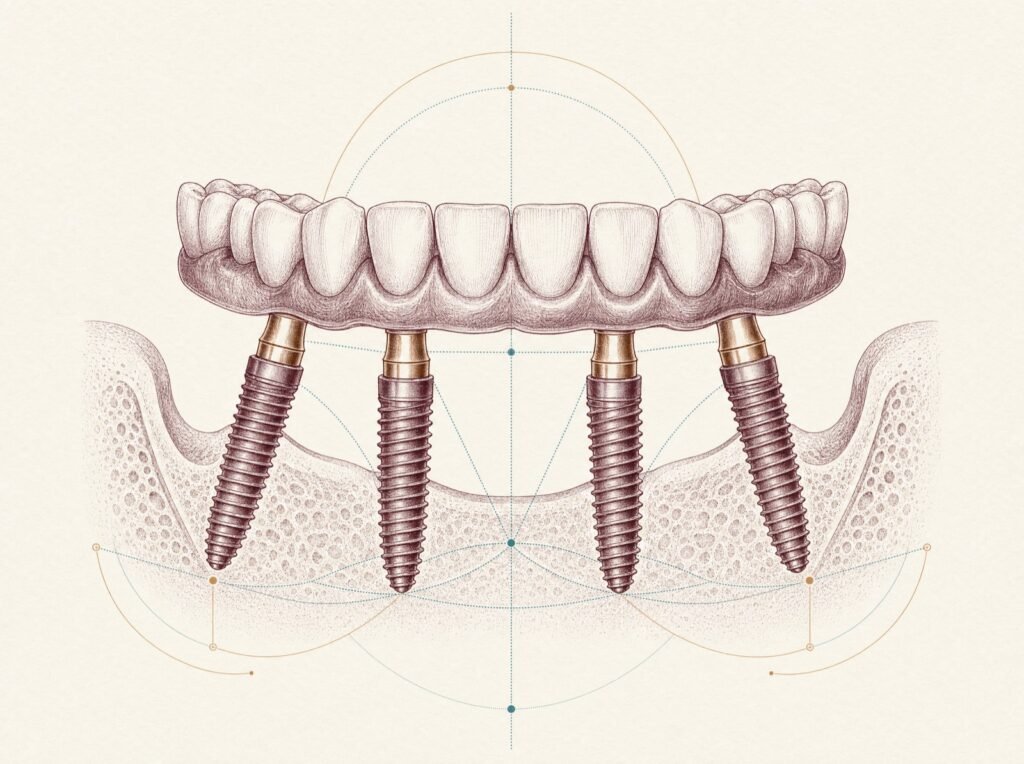 Gravür illüstrasyon: dört implant üzerinde tam ark köprü