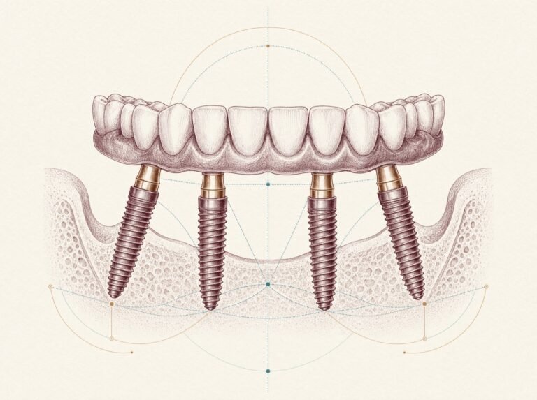 Gravür illüstrasyon: dört implant üzerinde tam ark köprü