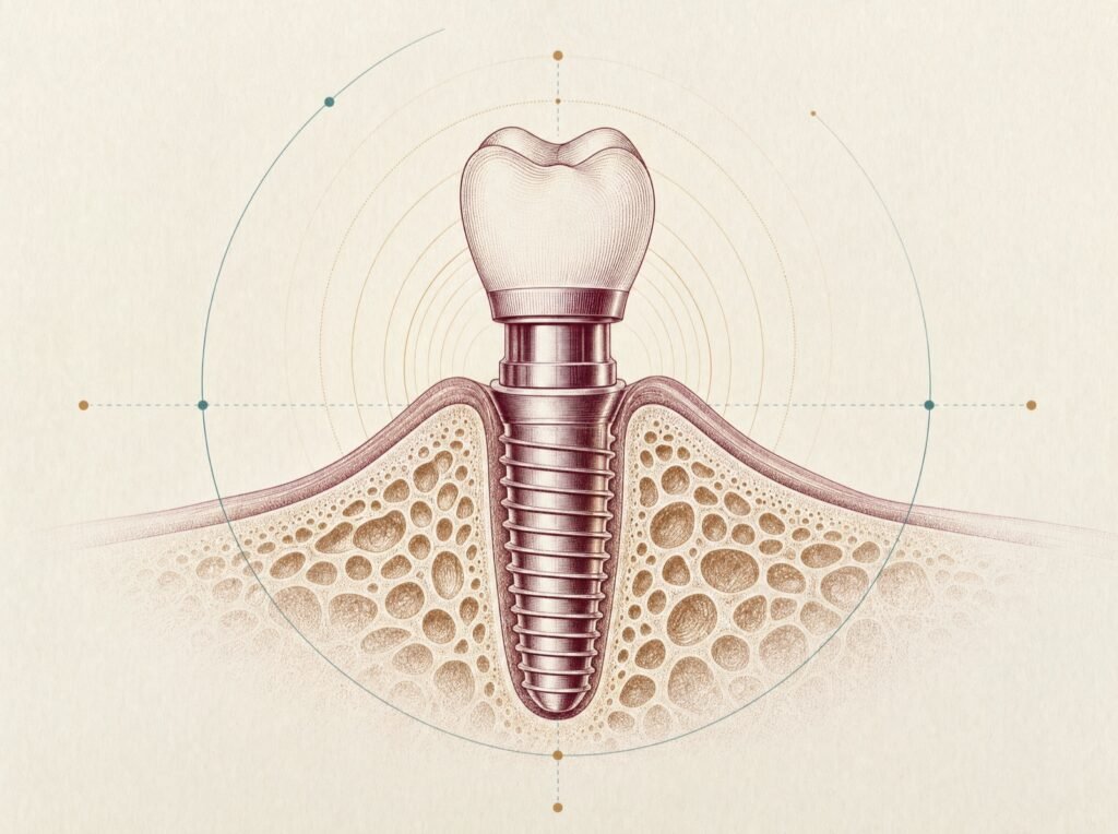 Gravür illüstrasyon: kemik içinde diş implantı kesiti